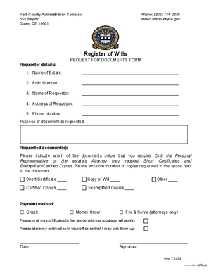 Thumbnail of Delaware Form Request For Documents Form (Kent)