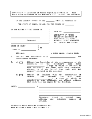 Thumbnail of Idaho Form Affidavit Of Person Regarding Execution Of Will Where Attesting Witness Is Not Available