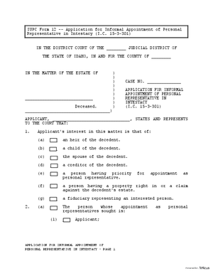 Thumbnail of Idaho Form Application For Informal Appointment