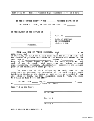 Thumbnail of Idaho Form Bond Of Personal Representative