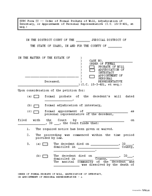 Thumbnail of Idaho Form Order Of Formal Probate Of Will, Appointment Of Personal Representative, Or Adjudication Of Lntestacy