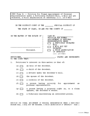 Thumbnail of Idaho Form Petition For Formal Appointment Of Personal Representative Under Previously Probated Will Or A Prior Adjudication Of Intestacy