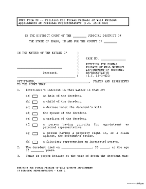 Thumbnail of Idaho Form Petition For Formal Probate Of Will Without Appointment Of Personal Representative