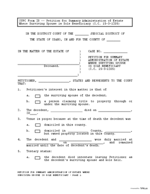Thumbnail of Idaho Form Petition For Summary Administration Of Estate Where Surviving Spouse Is Sole Beneficiary