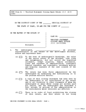 Thumbnail of Idaho Form Verified Statement Closing Small Estate