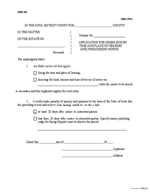 Thumbnail of Iowa Form Application For Order [Fixing Time And Place Of Hearing] Prescribing Notice (General)