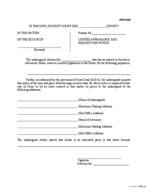 Thumbnail of Iowa Form Limited Appearance And Request For Notice