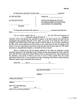 Thumbnail of Iowa Form Notice Of Probate Of Will, Of Appointment Of Executor, And Notice To Creditors