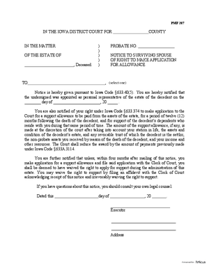Thumbnail of Iowa Form Notice To Surviving Spouse Of Right To Make Application For Allowance