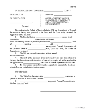 Thumbnail of Iowa Form Order Admitting Foreign Probated Will To Probate And Appointing Personal Representative