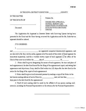 Thumbnail of Iowa Form Order For Appraisal, Notice, Report And Objections In Intestate Estate With Surviving Spouse
