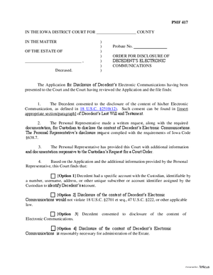 Thumbnail of Iowa Form Order For Disclosure Of Electronic Communications