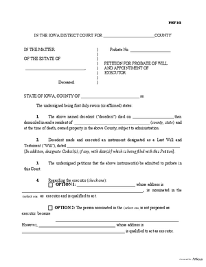 Thumbnail of Iowa Form Petition For Probate Of Will And Appointment Of Executor