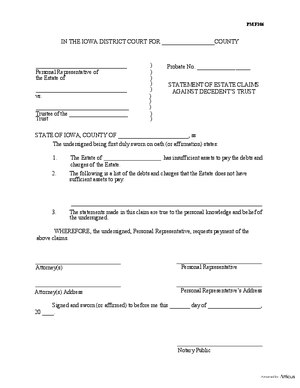 Thumbnail of Iowa Form Statement Of Estate Claims Against Decedent’s Trust