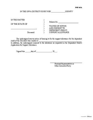 Thumbnail of Iowa Form Waiver Of Notice And Consent To Dependent Child’s Application For Support Allowance