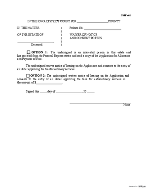 Thumbnail of Iowa Form Waiver Of Notice And Consent To Fees