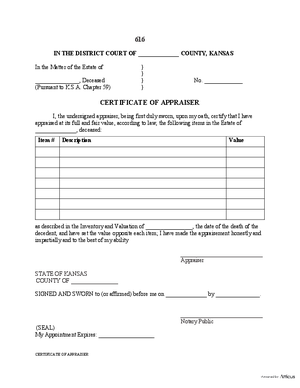 616: Certificate Of Appraiser - Kansas | Atticus® Forms
