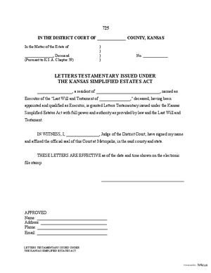 Thumbnail of Kansas Form Letters Testamentary Issued Under The Kansas Simplfied Estates Act (Simplified Administration)