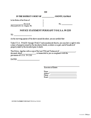 Thumbnail of Kansas Form Notice Statement Of Right To Share Of Property Pursuant To K.s.a. 59 - 2233  -  Testate