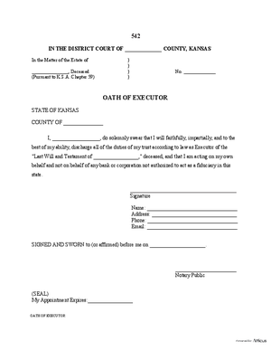 Thumbnail of Kansas Form Oath Of Executor