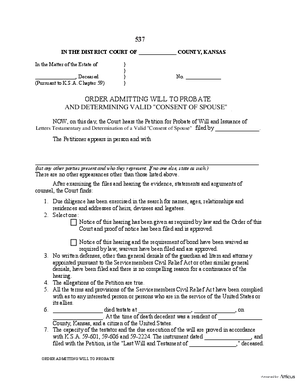 Thumbnail of Kansas Form Order Admitting Will To Probate (Supervised Testate Administration)