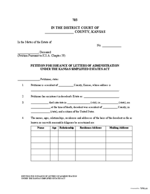Thumbnail of Kansas Form Petition For Issuance Of Letters Of Administration Under The Kansas Simplified Estates Act (Simplified Administration)