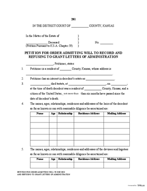 Thumbnail of Kansas Form Petition For Order Admitting Will To Record And Refusing To Grant Letters Of Administration (Spouse/minor Child)