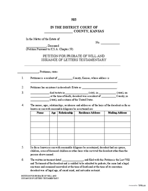 Thumbnail of Kansas Form Petition For Probate Of Will And Issuance Of Letters Testamentary