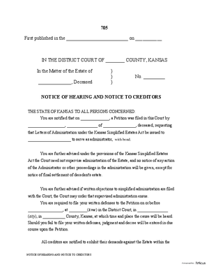 Thumbnail of Kansas Form Simplified Administration  -  Notice Of Hearing And Notice To Creditors If Notice Is Required Pursuant To K.s.a. 59 - 2209 (Intestate)