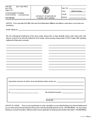 Thumbnail of Kentucky Form Affidavit Of Waiver Of Formal Settlement