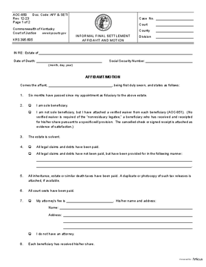 Thumbnail of Kentucky Form Informal Final Settlement Affidavit And Motion