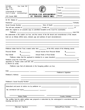 Thumbnail of Kentucky Form Petition For Appointment Of Trustee Under Will