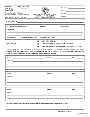 Thumbnail of Kentucky Form Petition For Probate Of Will; And/or Appointment Of Executor/administrator