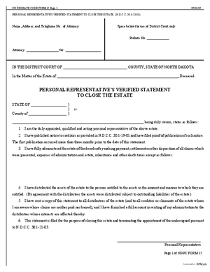 Thumbnail of North Dakota Form Personal Representative Verified Statement To Close Estate