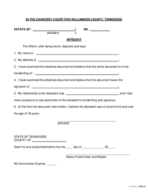 Thumbnail of Tennessee Form Affidavit Of Witness To Holographic Will (Williamson)