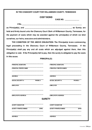 Cost Bond (Williamson) - Tennessee | Atticus® Forms