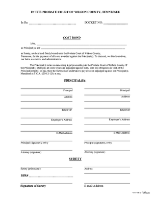 Thumbnail of Tennessee Form Cost Bond (Wilson) (Willson)