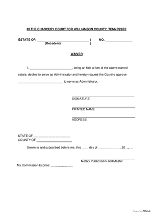 Thumbnail of Tennessee Form Declination To Serve - Intestate