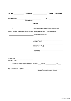 Thumbnail of Tennessee Form Declination To Serve - Testate