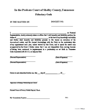 Thumbnail of Tennessee Form Oath Of Personal Representative (Shelby)