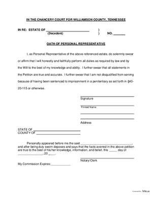 Thumbnail of Tennessee Form Oath Of Personal Representative - Testate (Williamson)