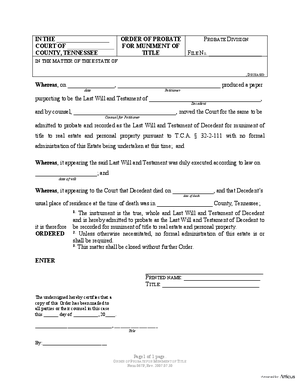 Thumbnail of Tennessee Form Order Of Probate For Muniment Of Title