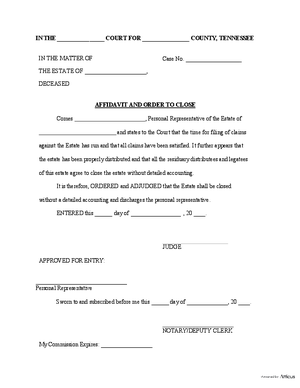 Thumbnail of Tennessee Form Order To Close Estate