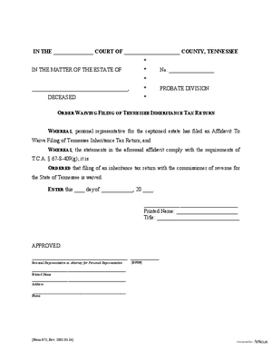 Thumbnail of Tennessee Form Order Waiving Filing Of Inheritance Tax Return