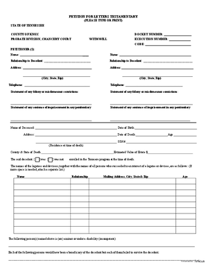 Thumbnail of Tennessee Form Petition For Letters Testamentary (Knox)